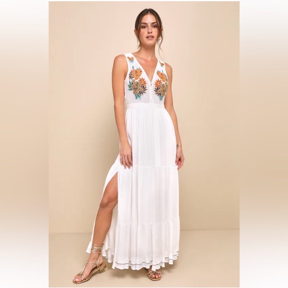 Lulus Tickets To Paradise White Embroidered Maxi Dress Bohemian Beach Size Small